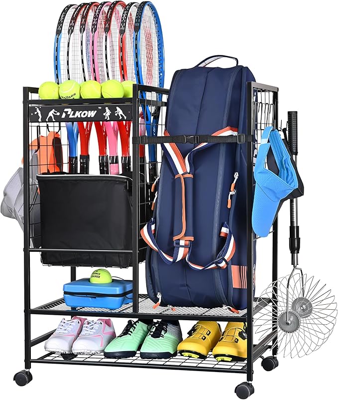 PLKOW Tennis Bag Organizer Tennis Racket Storage Rack, Tennis Equipment Holder for Bags, Balls, Racquet & Accessories, Versatile Gear Organizer for Garage, Club, or School