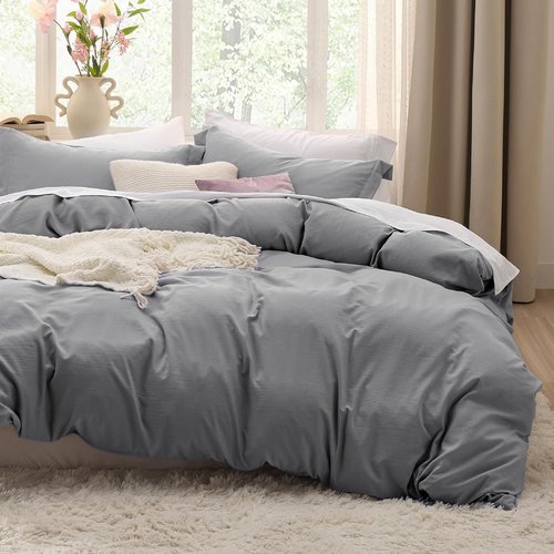 Bedsure Grey Duvet Cover Set - Soft Prewashed Cotton-Like Polyester | Queen Size 3 Pieces with Zipper Closure (90x90 inches)
