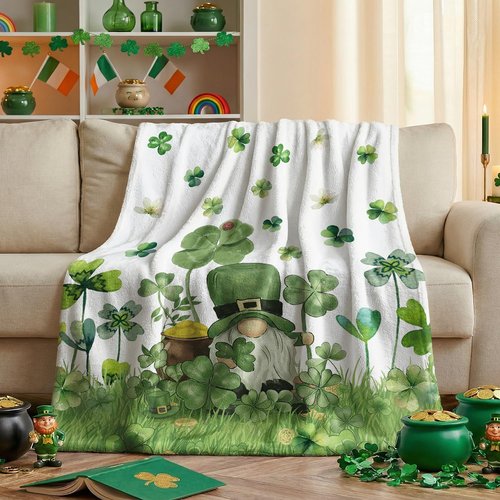 Horaldaily St. Patrick's Day Flannel Blanket Throw, Shamrock Gnome Lawn Watercolor Style Soft Fuzzy Plush Cozy Fleece Blankets for Couch Sofa Bed Lounging, Ideal Gifts for Kids Adults Self, 50x60