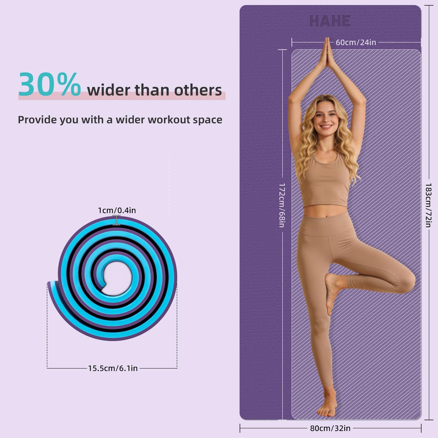 HAHE Extra Thick Yoga Mat, 72"Lx32"Wx0.4"Th (10mm), Wide Non-slip Exercise Mats with Carry Strap, Double-Sided POE Fitness Mat for Yoga, Pilates & Floor Workouts (Purple+Sky Blue)