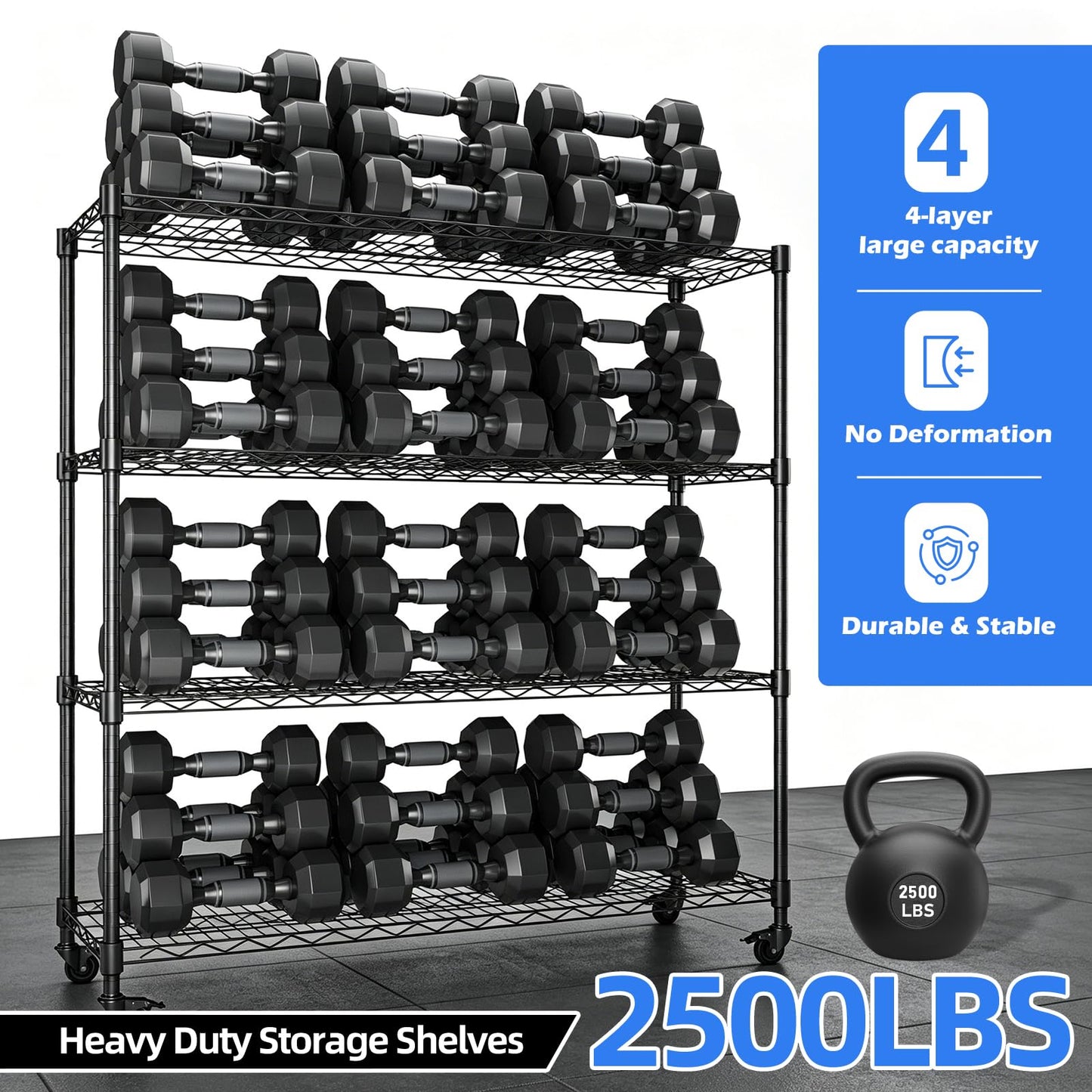 KAXIWEI Storage Shelves 2500LBS Metal Shelving 4 Tier Wire Shelving Garage Shelving Units with Wheels Heavy Duty Metal Shelves for Shelving Unit Adjustable Shelf, 62" H x 58" W x 20" D