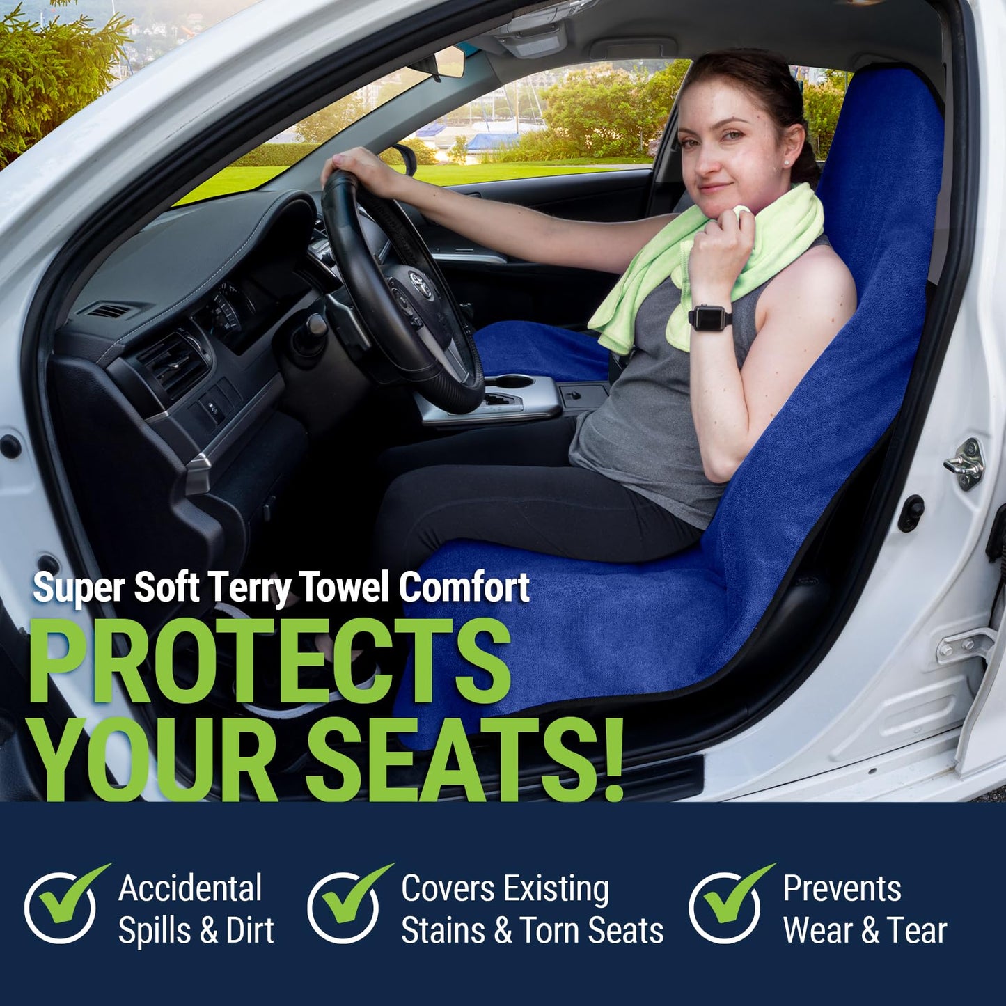Season Guard Towel Seat Cover, Waterproof Car Seat Protectors for Gym, Workout & Active Lifestyle, Universal Fit for Car SUV Truck Van, Non-Slip 3 Strap Design, Machine Washable, 2 Pack Blue
