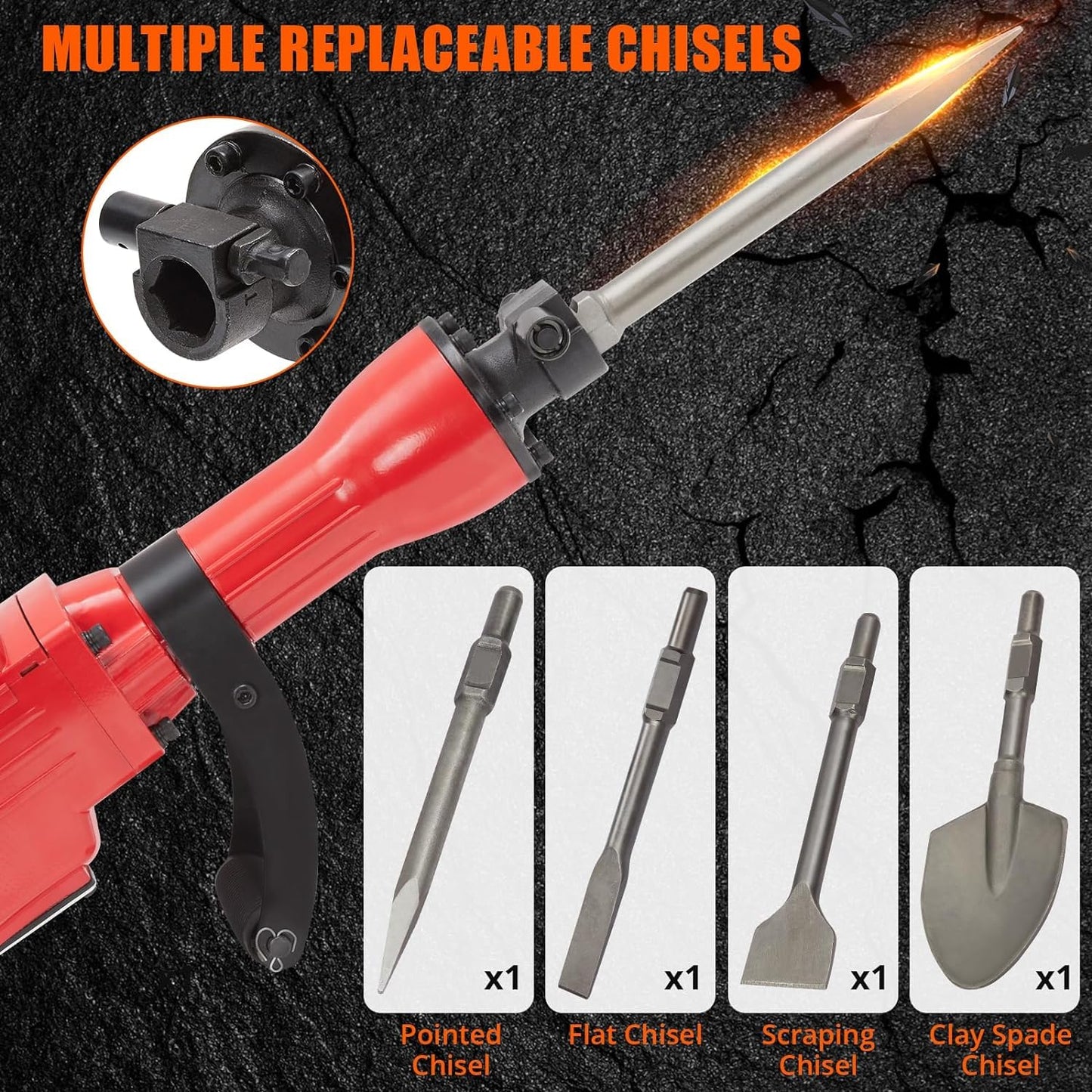Demolition Jack Hammer 2200W 4PCS Chisels Bit Set W/Case, Demolition Jack Hammer Tool Kit, Noise-Canceling Earplug, Shoulder Strap