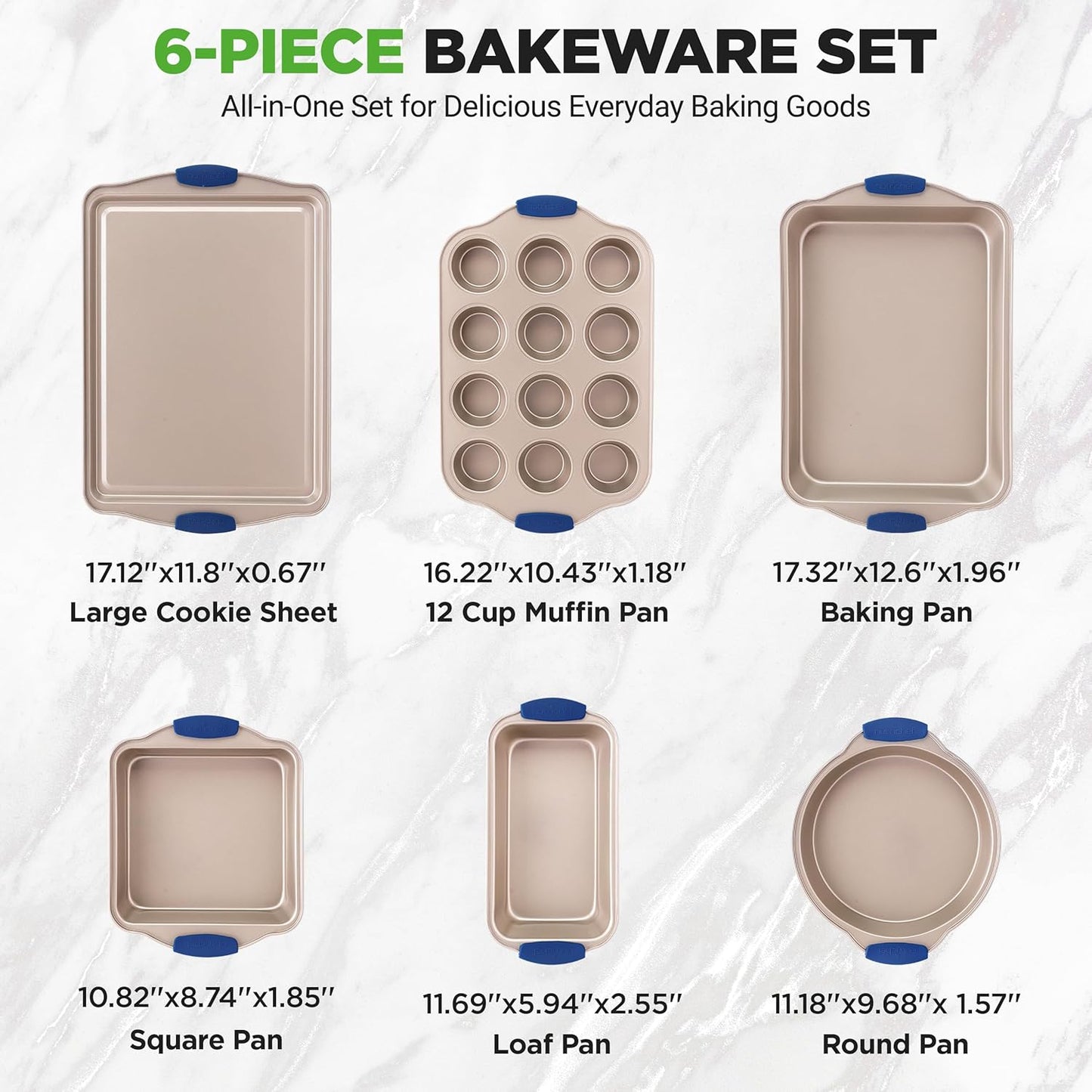 NutriChef 6-Piece Nonstick Bakeware Set | Premium Carbon Steel Baking Trays with Silicone Handles - Includes Loaf Pan, Muffin Pan, Round & Square Roasters, Cookie Sheet