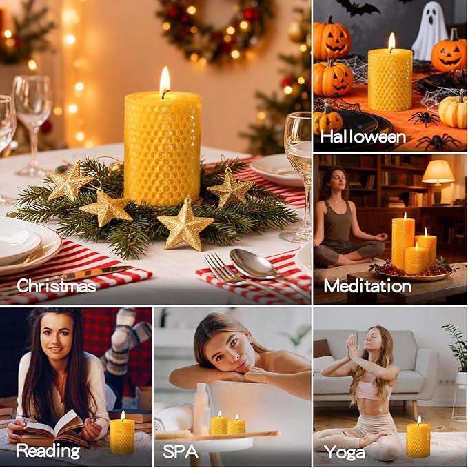 3 Pack Natural Beeswax Pillar Candles,2.8x4in Handmade Beeswax Rolled Candles,96 Hours Long Burning Honeycomb Bees Wax Candle for Gift & Home Decor,Dripless Smokeless Unscented