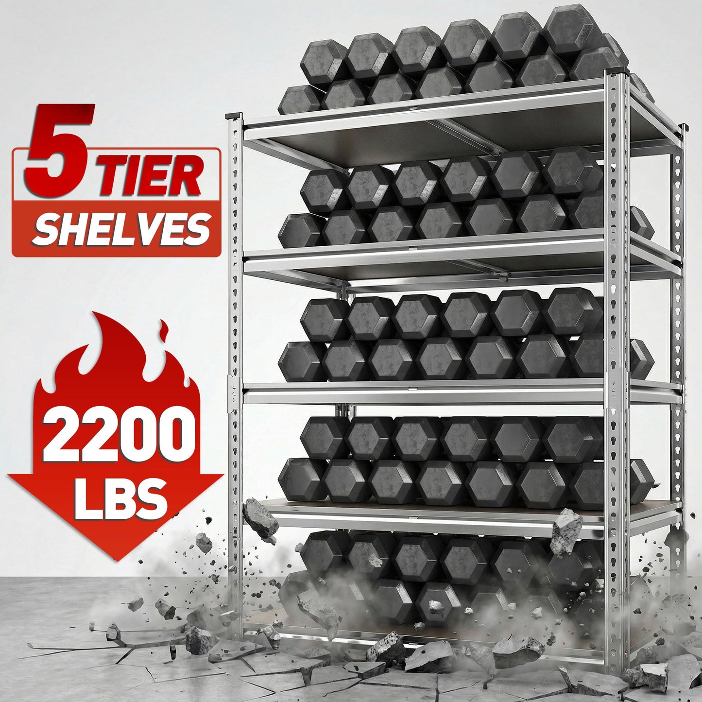 REIBII 2200LBS Heavy Duty Storage Shelves, 5-Tier Adjustable Metal Shelving Unit with Waterproof PP Boards,Garage Storage Rack for Pantry Basement Warehouse,35" W x 16" D x 72" H,Sliver Shelves