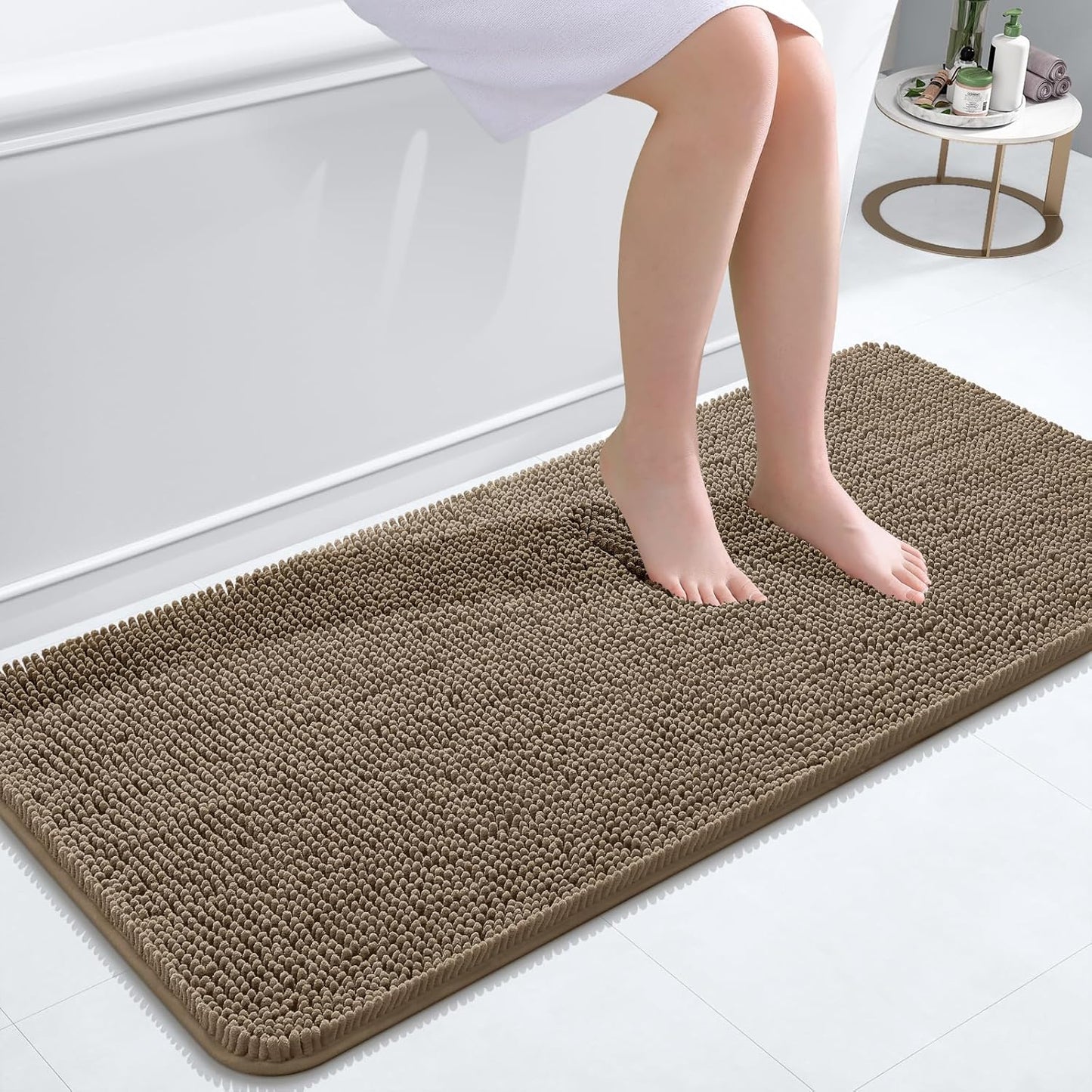 OLANLY Bathroom Runner Rugs - Extra Soft Chenille Bath Mats | Quick-Dry, Machine Washable, 47x20, Tan