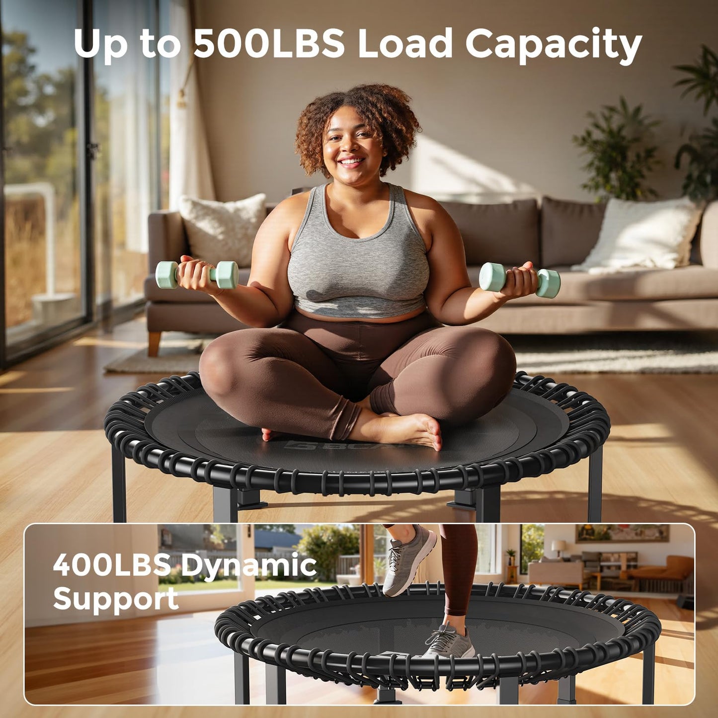 BCAN BT4 40" Soft Land Pro Adult Bungee Rebounder Trampoline, 500lb Capacity, Adjustable Tension Bungees, One-Piece Frame (16 Gauge), Quiet Indoor Cardio w/Handle, Phone Holder & 2 Pairs Socks, Black