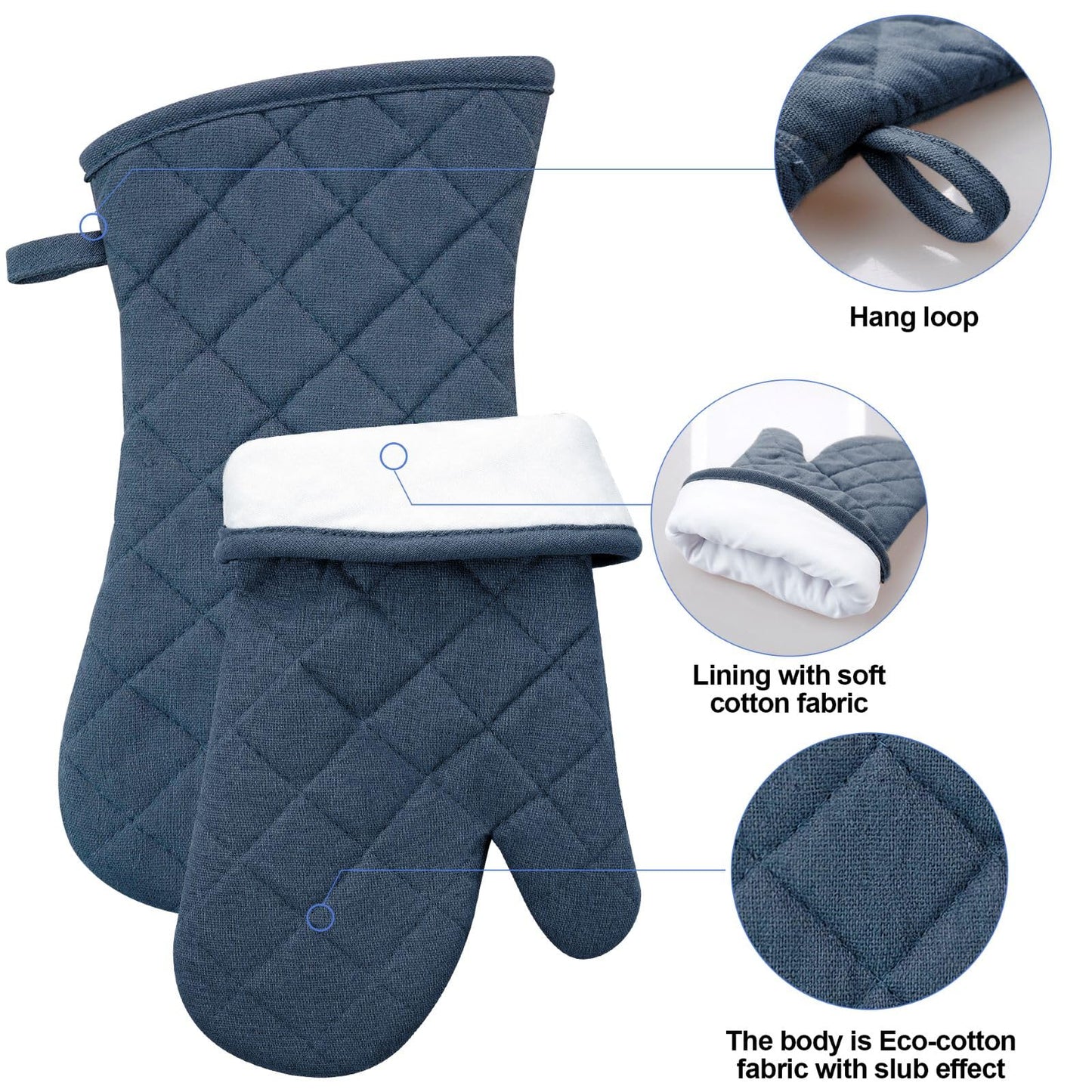 Oven Mitts and Pot Holders with Cooking Apron Set of 5, Heat Resistant Kitchen Gloves and Silicone Non-Slip Potholders, Adjustable Neck Buckle Chef Apron, Cotton Nice Design for Cooking （Navy…