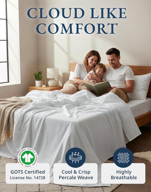 LANE LINEN 100% Organic Cotton Twin XL Sheets Set - Soft Percale 3-Piece Bedding in White, Fits Mattresses Up to 15" Deep