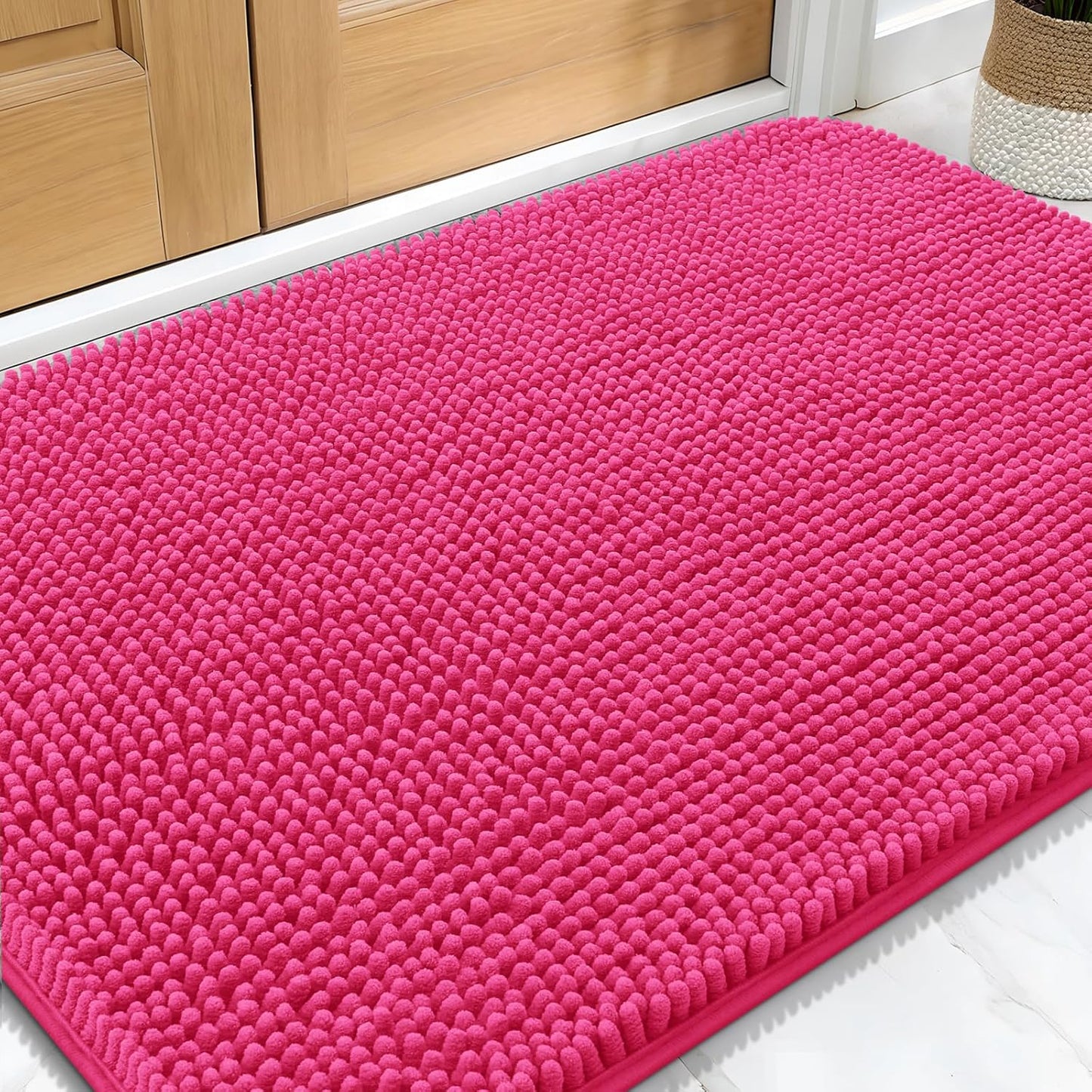 OLANLY Dog Door Mat - Absorbent Non-Slip Chenille Mat for Muddy Paws | 30x20, Hot Pink