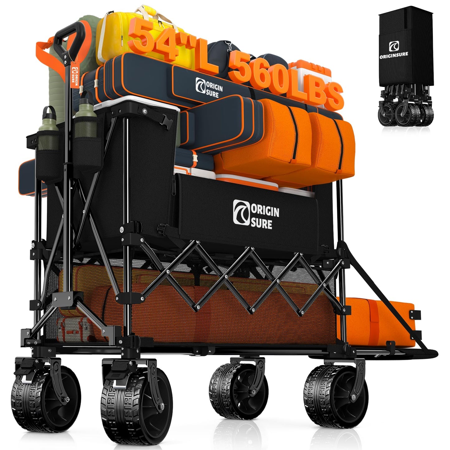 Originsure 400L Double Decker Wagon Collapsible with 54" L Tailgate, 560lbs Heavy Duty Carts Foldable, Extra Large Folding Beach Wagon with Big All-Terrain Wheels for Camping, Sports, Groceries, Black