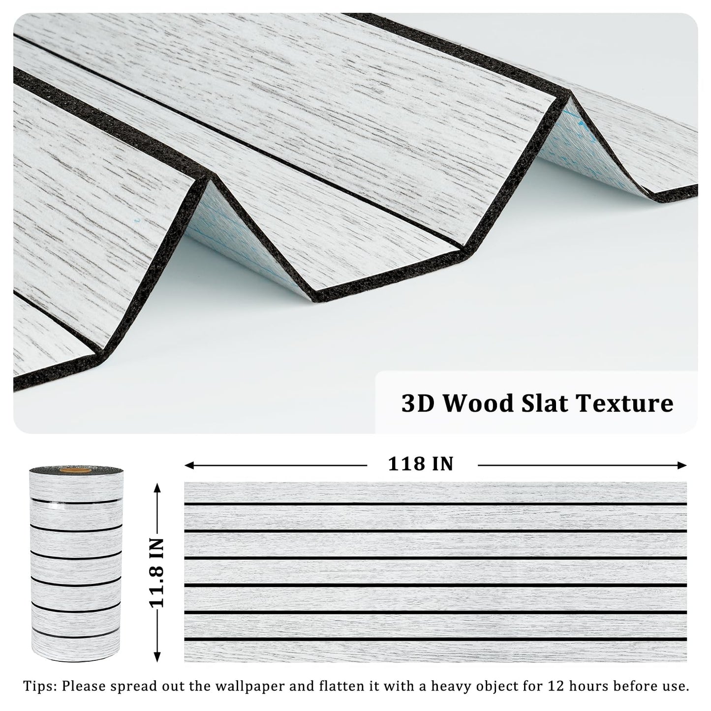 STICKEEP White/Grey 3D Wood Slat Panels for Walls Peel and Stick PVC Slat Wall Paneling Soundproof Self Adhesive Faux Wooden Slatted Panel for Wall Decor Interior Living Room Bedroom 118"x 11.8"