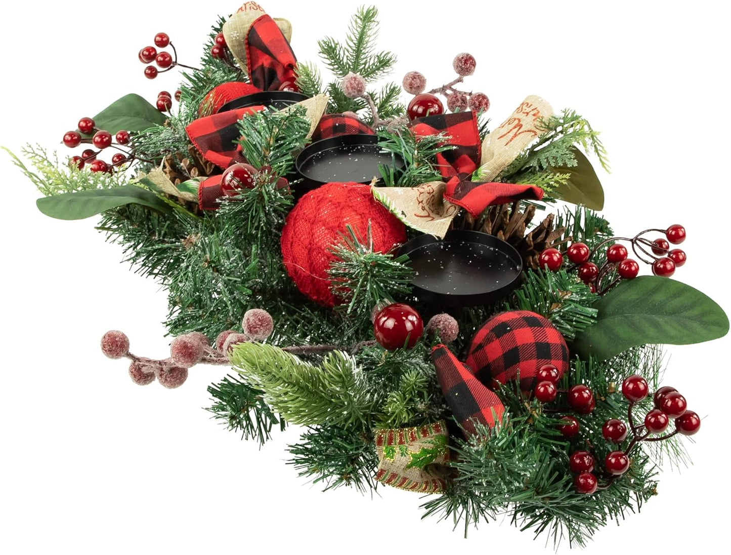 Northlight Pine Triple Candle Holder - Festive Bows & Plaid Ornaments | 30" Green Decor