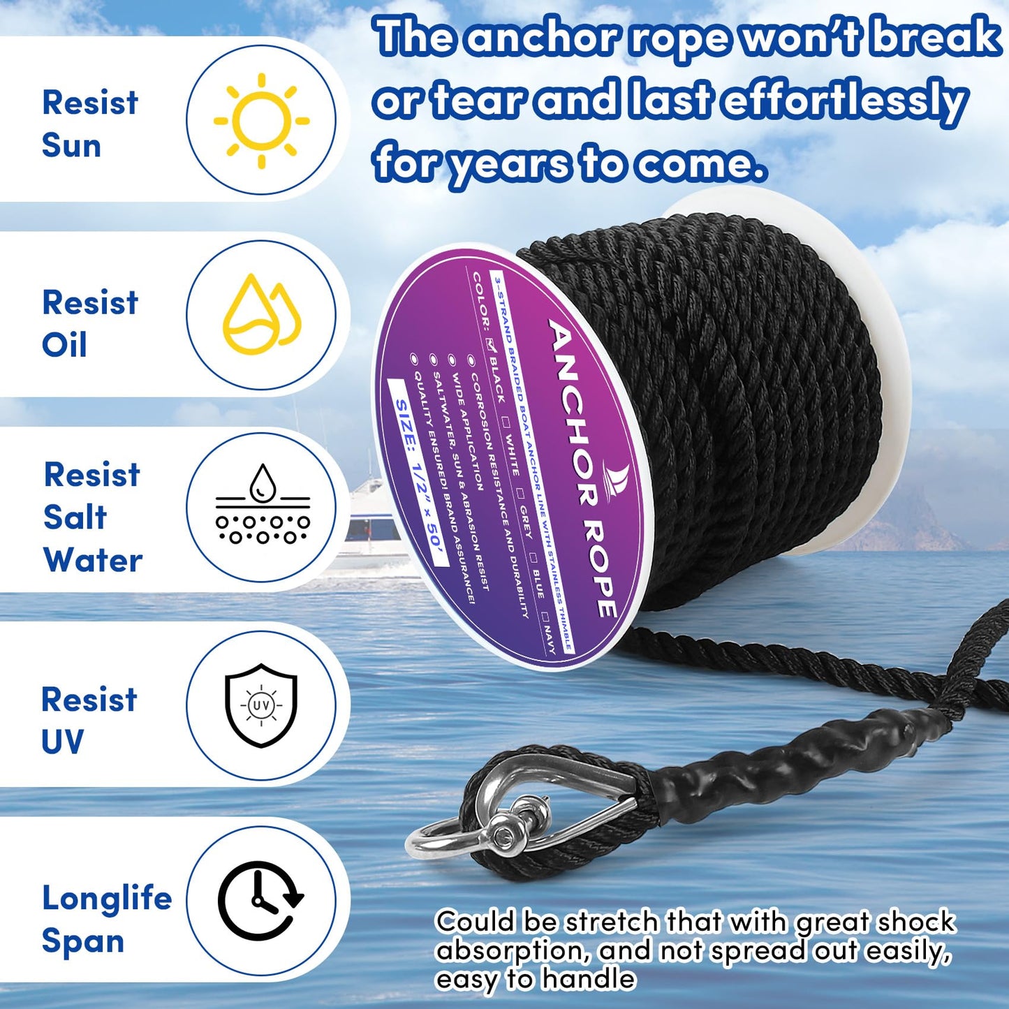 VEITHI Anchor Rope 50 ft x 1/2 inch Black, 3 Strand Anchor Line Boat Rope with Stainless Steel Thimble & Shackle Ideal for Towing,Docking,Boats,Mooring,Anchoring,for Boats Up to 35'
