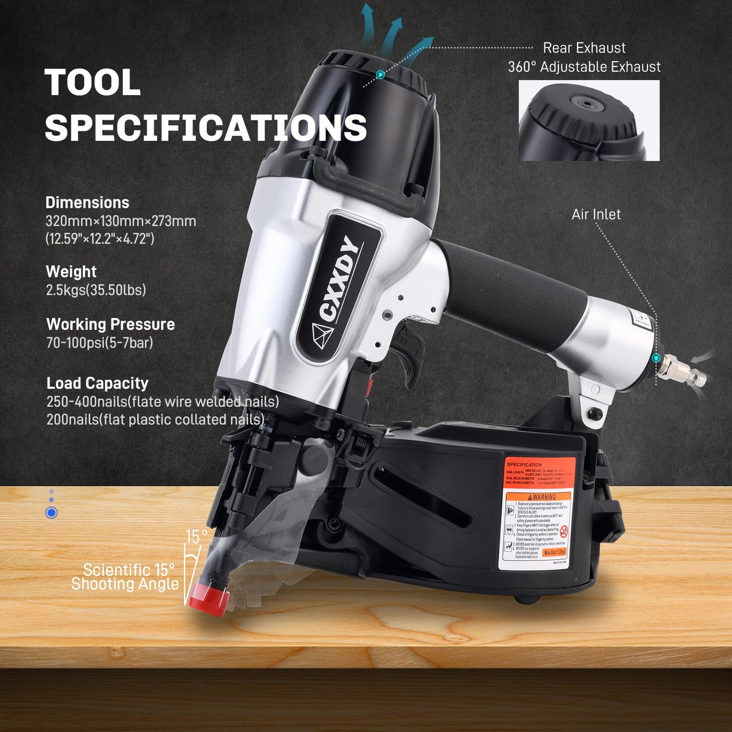 CXXDY Siding Nail gun 15 Degree 1-1/4” to 2-1/2” Coil Siding Nailer – High-Speed Pneumatic Siding Nailer for Siding, Framing, and Fencing – Professional-Grade Performance for Contractors and DIYers