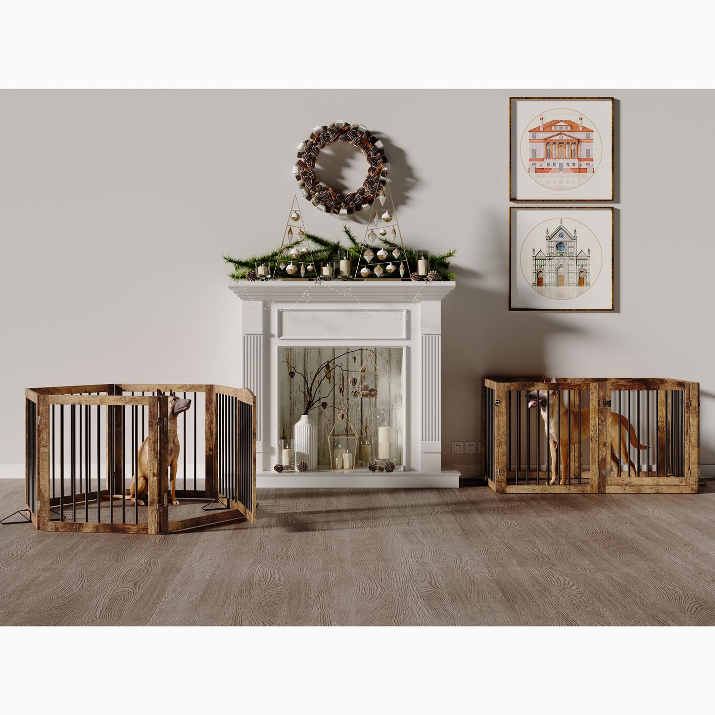 Vantas Folding Pet Gate 144" Wide, 30" Tall No-Assembly Wooden Dog Gate with Door Walk Through, Freestanding Puppy Safety Fence, with 2PCS Support - Rustic Brown