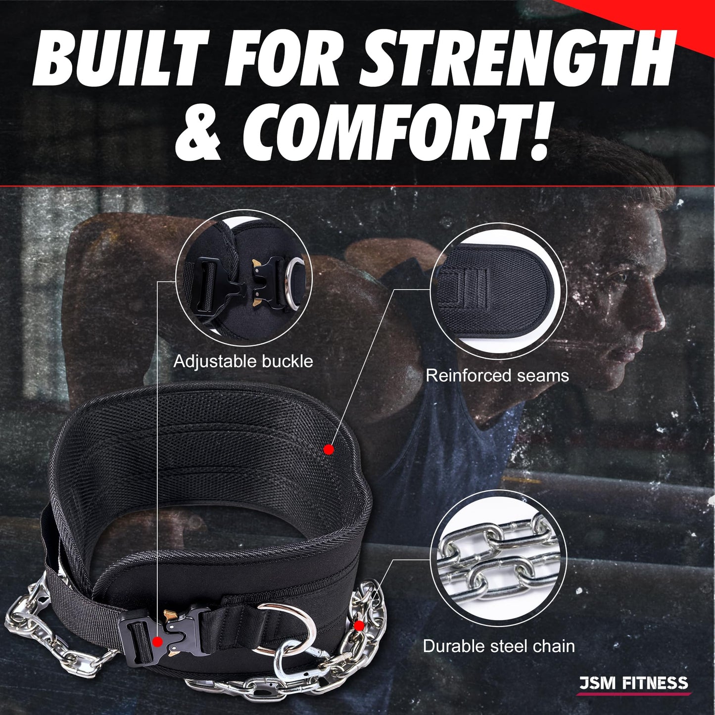JSM FITNESS Dip Belt for Weight Lifting with a Quick Closure Steel Buckle, Weighted Belt for Pullups & Dips for Men, with Durable Chain and Carabiners, Weightlifting, Squat, Bodybuilding