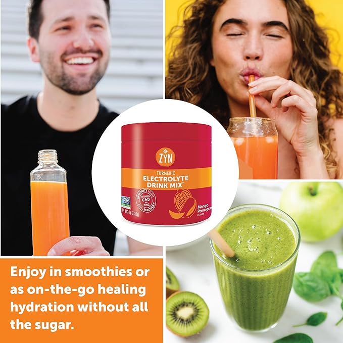 ZYN Electrolyte Hydration Drink Mix (30 Servings), Mango Pomegranate Electrolytes Powder, Hydrating Formula w/Turmeric Curcumin, Vitamin C & D, Zinc, Electrolyte Support Drink Mix