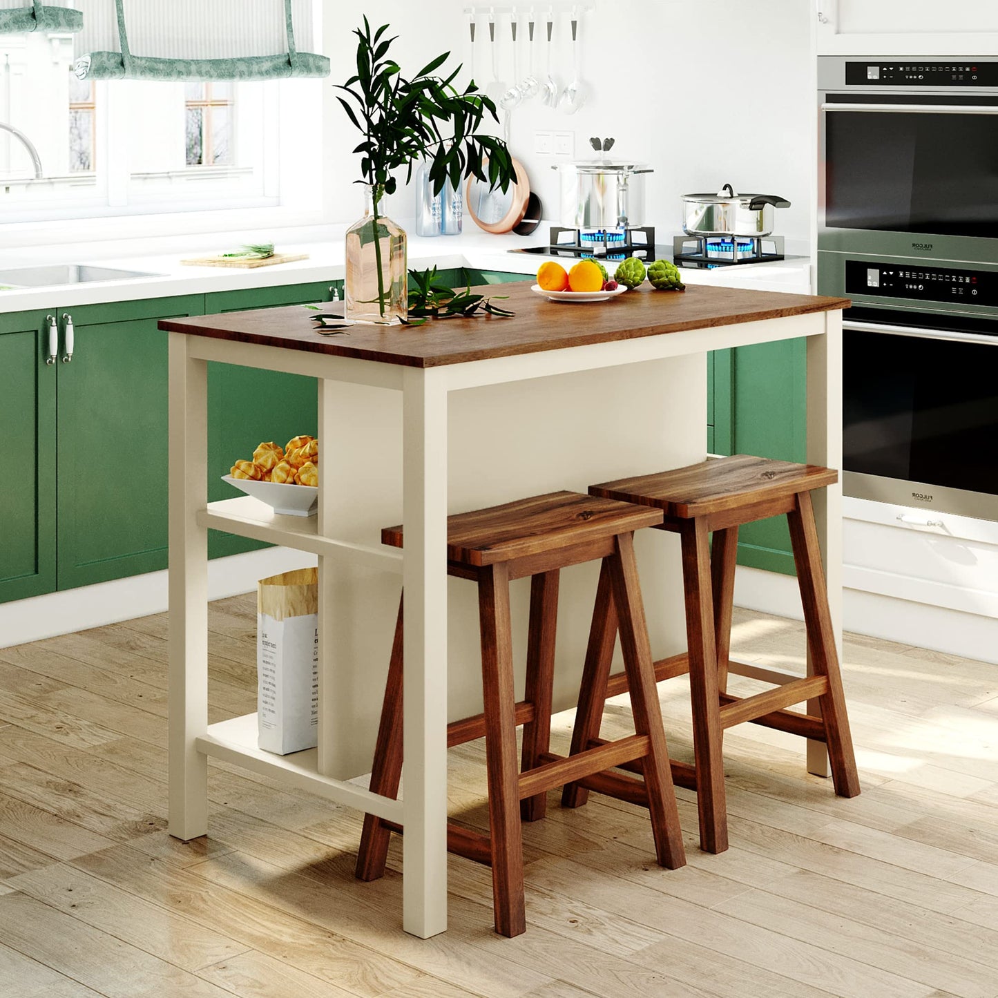 Polibi 3-Piece Kitchen Island Set with 2 Stools and 2 Shelves, Rustic Rubber Wood Dining Set Prep Table Set with Open Shelves for Small Places, Walnut+Cream White