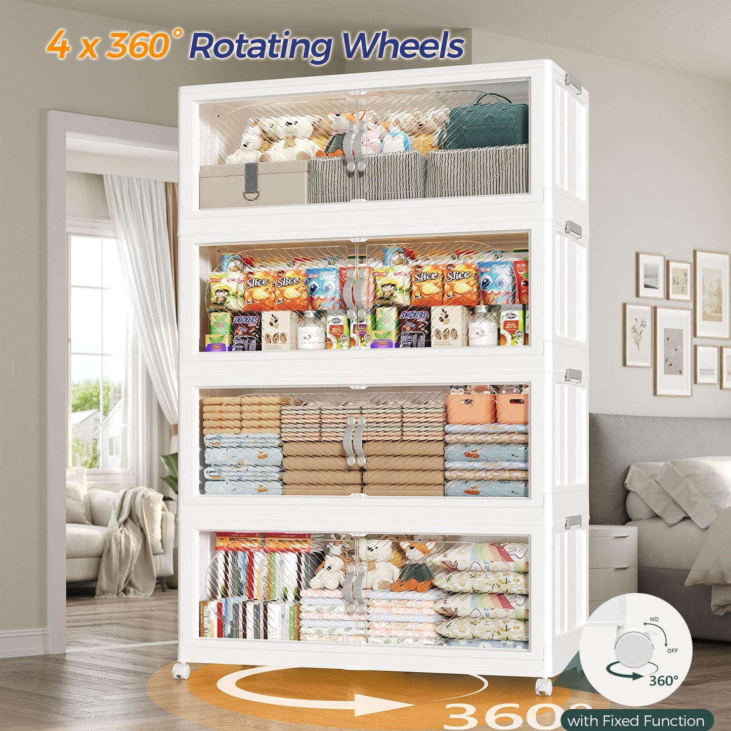 HOCRYPTA 150Gal/600QT 5-Tiers Extra Large Stackable Storage Bins with Lid, Collapsible Cabinet Closet Organizer Plastic Container Box with Wheels Doors Drawers for Living Room Kitchen Office, White