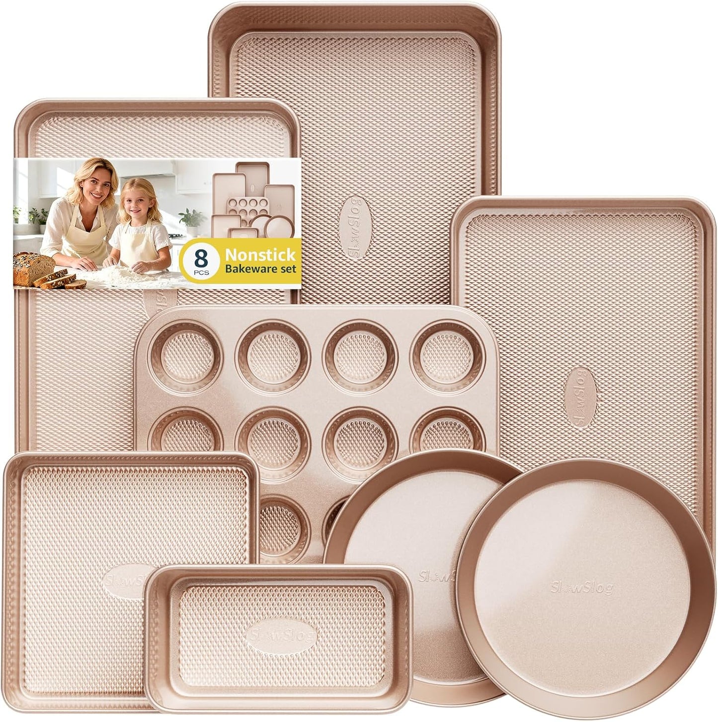Skiennix 8-Piece Baking Pans Set - Nonstick Bakeware with Ceramic Coated Gold Finish