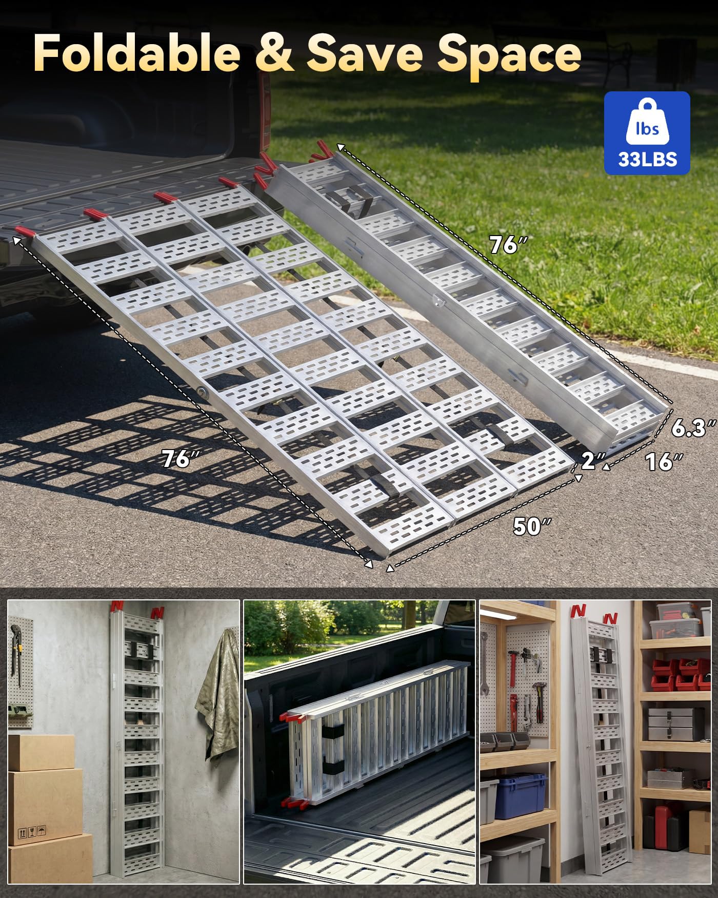 KOLOTOOL Tri-Fold Aluminum Loading Ramp for Pickup Trucks & Trailers, 1500 lbs Capacity Folding Ramp for Motorcycles, ATV, Lawn Mowers, Small Tractors & Golf Carts, 76''L × 50''W, Anti-slip Rust-proof