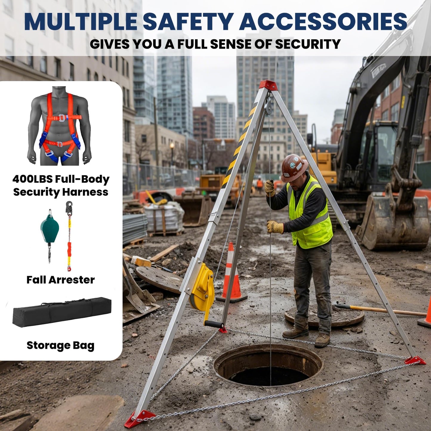 Confined Space Tripod Kit, 2200 Lbs Winch, Adjustable 7' Legs & 98' Cable, Steel Confined Space Rescue Tripod with 33' Fall Protection/Harness/8' Protection Chain for Confined Spaces Safety