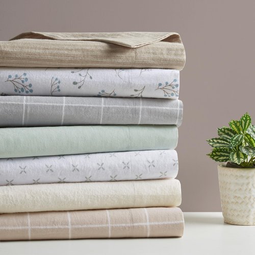 Beautyrest Cotton Sheet Set Cozy Print 100% Cotton Flannel Sheets Warm & Fuzzy Bedding Set, Oversized Sheets, Deep Pocket Fits Up to 16" Mattress Queen Bed Sheets Queen Beige/White Stripes 4 Piece