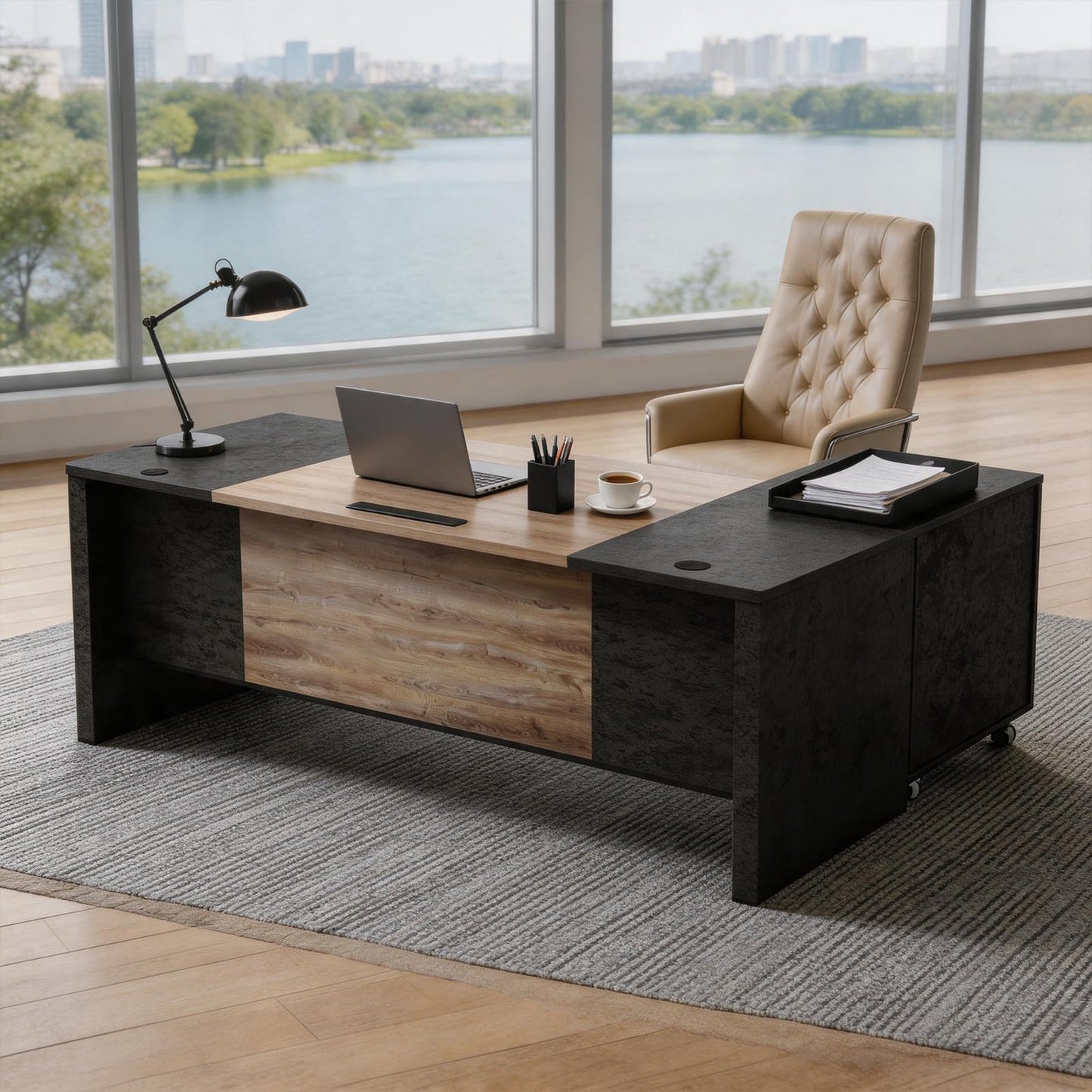 SAINTCY Executive Office Desk with Mobile File Cabinet, L Shaped Desk with Power Outlet & Drawers, Modern Wood Office Desk for Home Office, Studio & Business Workspace (Mahogany, 78.75" W)