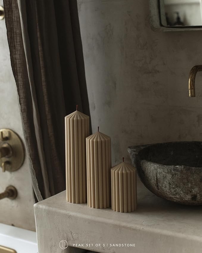 LAWA Ribbed Peak Pillar Candle - Large Beautiful Handmade Pillar Scented Soy Wax Candle Elegant Bubble Aesthetic Candle Housewarming Gift Home Room Shelf Decor Idea Sandstone (Small)