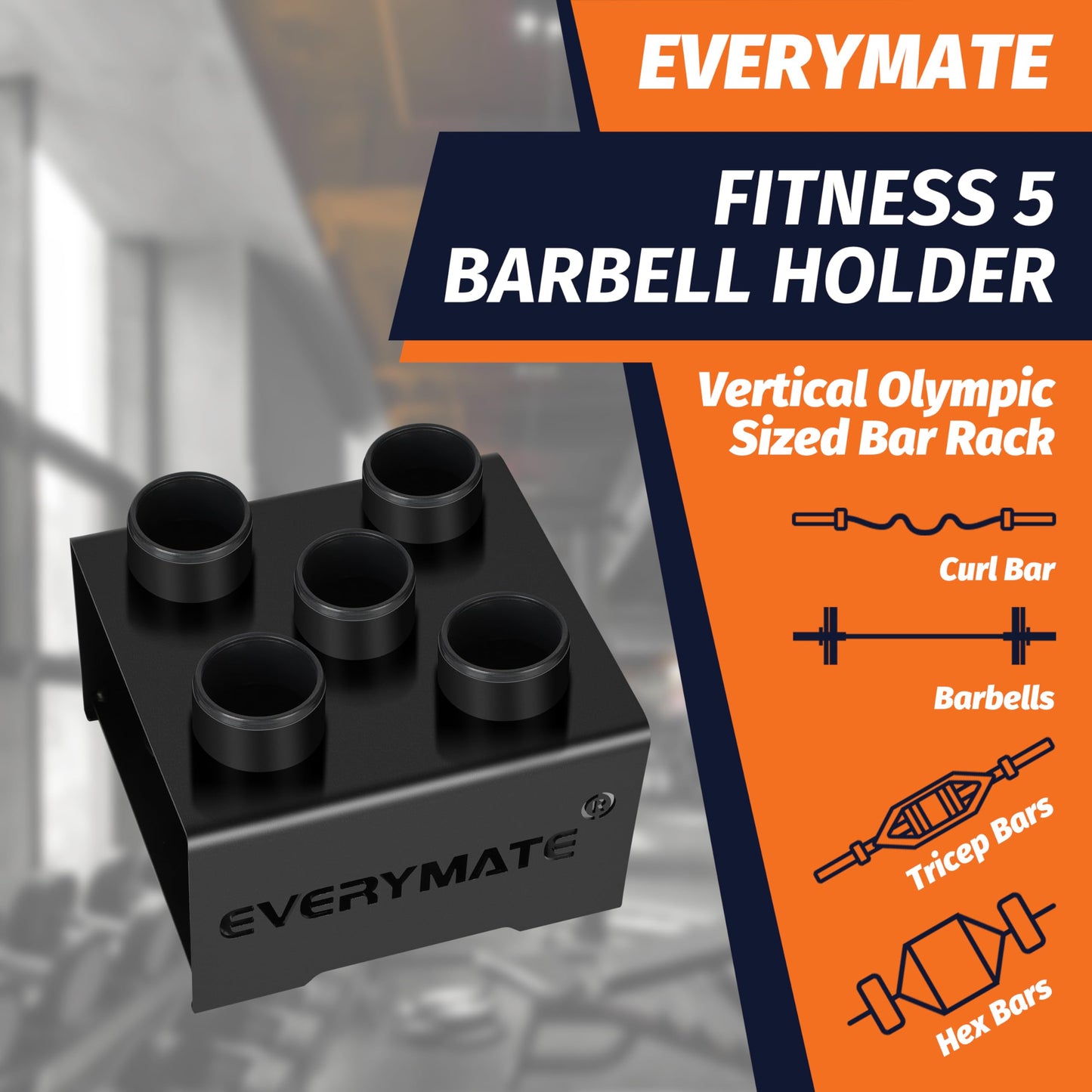 EVERYMATE 5 Barbell Holder, Vertical Olympic Bar Rack, Gym Vertical Storage Fits 2-Inch Barbells,Home Garage Gym Organize