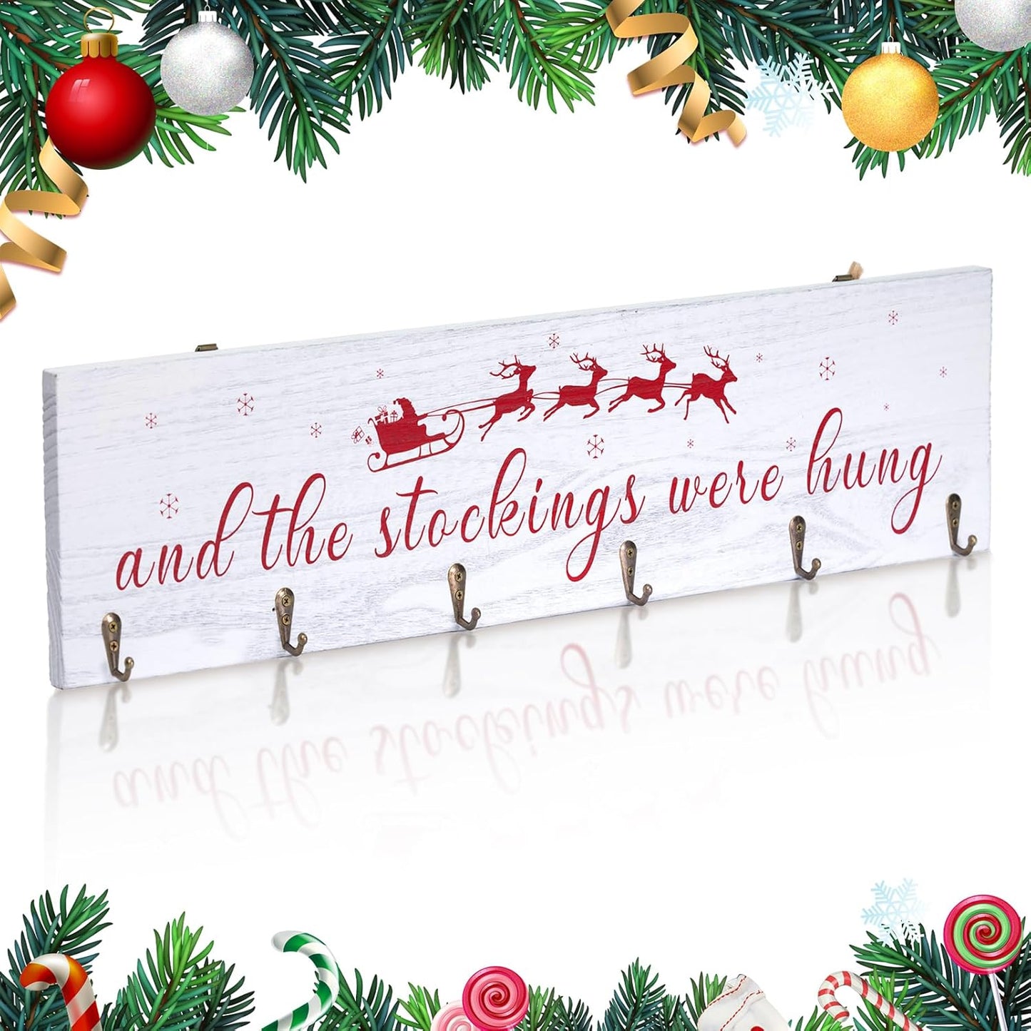 Regine Switzerland Christmas Stocking Holder - 24 Inch White Wall Sign with 6 Hangers for Mantel