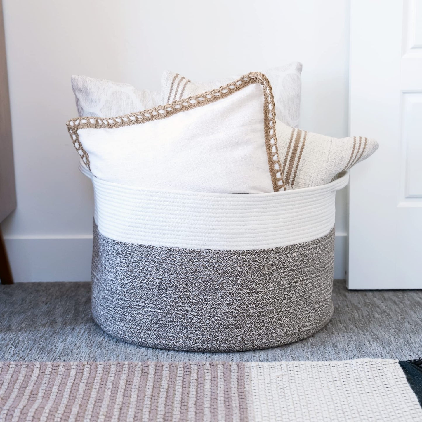 Little Hippo XXXL Cotton Rope Basket (22"x14") 100% Natural Cotton! Baby Gift, Large Blanket Storage for Living Room, Toy and Pillow Organizer (White & Brown)