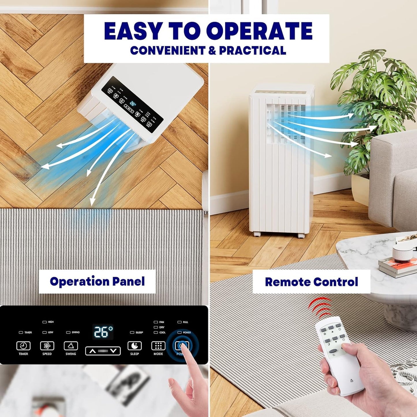 Portable Air Conditioners, Cool up to 350 Sq. Ft, 8,000 BTU 3-in-1 Movable AC for Bedroom with Dehumidifier, Fan, Sleep Mode, 24H Timer, Remote Control, and Window Installation Kit Included