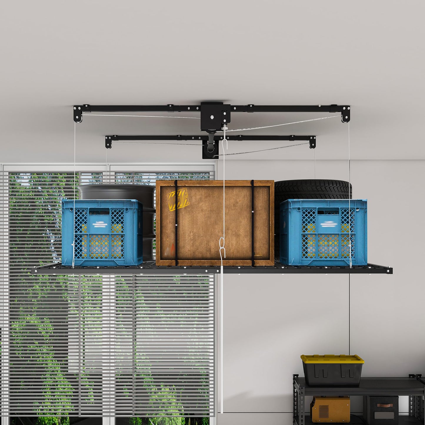 4x8 FT Overhead Garage Storage Rack for High Ceilings 10-12 FT, 350Lbs Heavy-duty Steel Garage Ceiling Rack with Safety Lock, Ideal for Overhead Storage Mounted Lift System and Garage Organizer