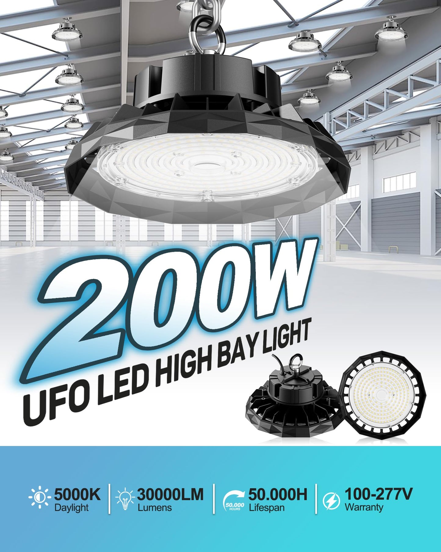 THELUX 200W Super Bright UFO LED High Bay Light 30000lm 5000K AC100-277V High Bay LED Shop Lights for Warehouse Factory Commercial Bay Lighting with Plug and Play Easy Installation 6Pack
