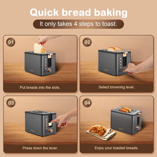 Mecity 2-Slice Toaster - Stainless Steel Body with 6 Browning Settings & Extra Wide Slots - Grey