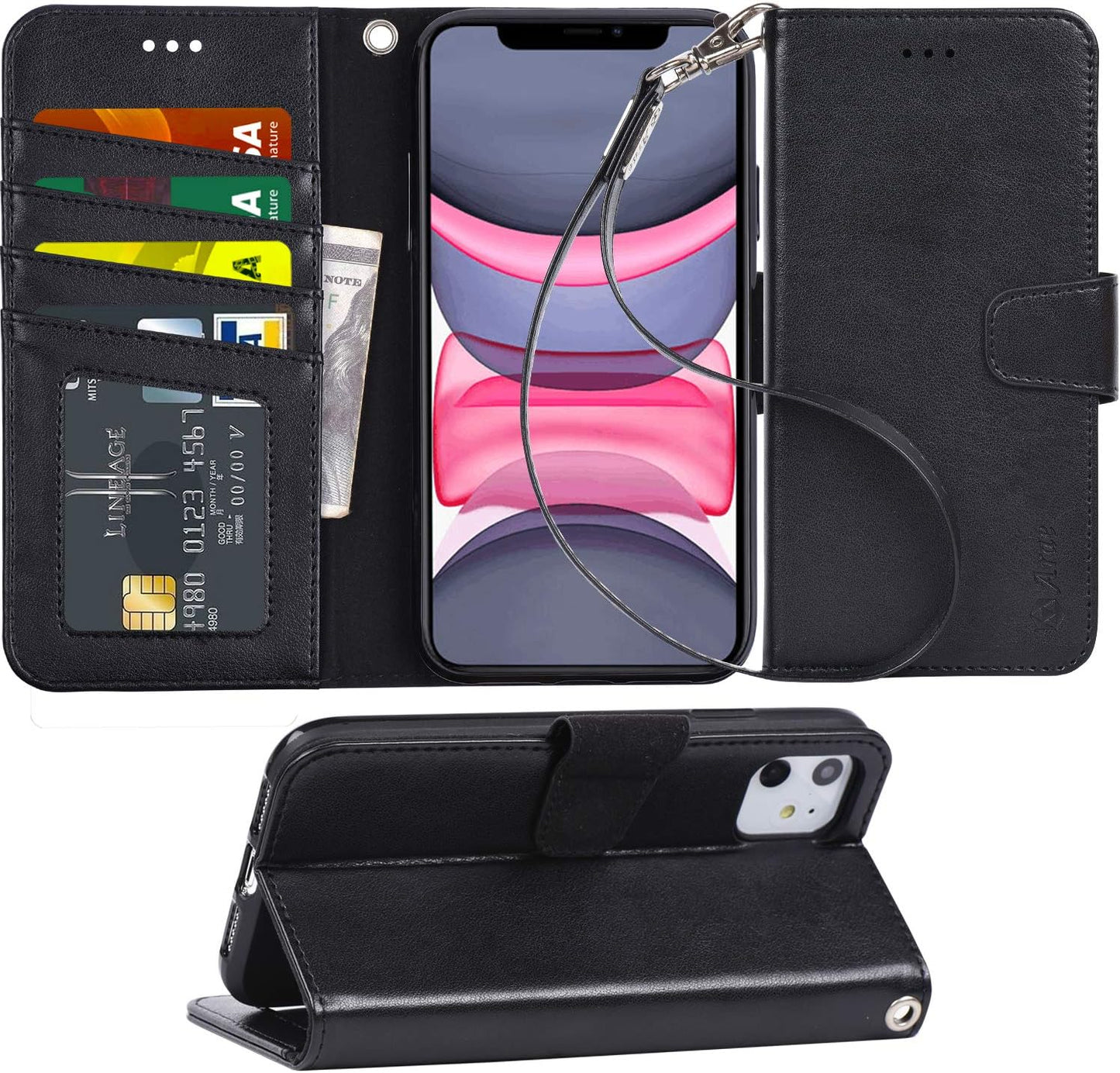Arae 11 [4-Slots] 11 6.1 inch Case for iPhone Wallet Case Cover with Card Holder PU Leather with Wrist Strap