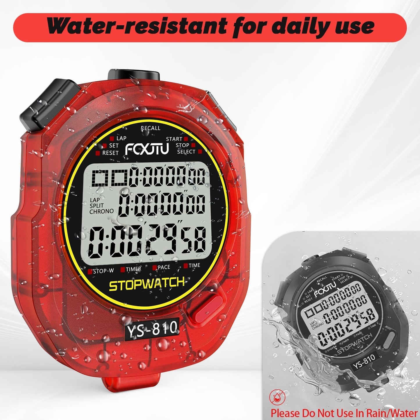 FCXJTU Sports Stopwatch Timer, 10 Lap/Split Memory Digital Stopwatch Countdown Timer with 12/24 Hour Clock Alarm On/Off, Calendar 3-Row Extra Large Screen Lanyard for P.E Coach and Referees (Red)