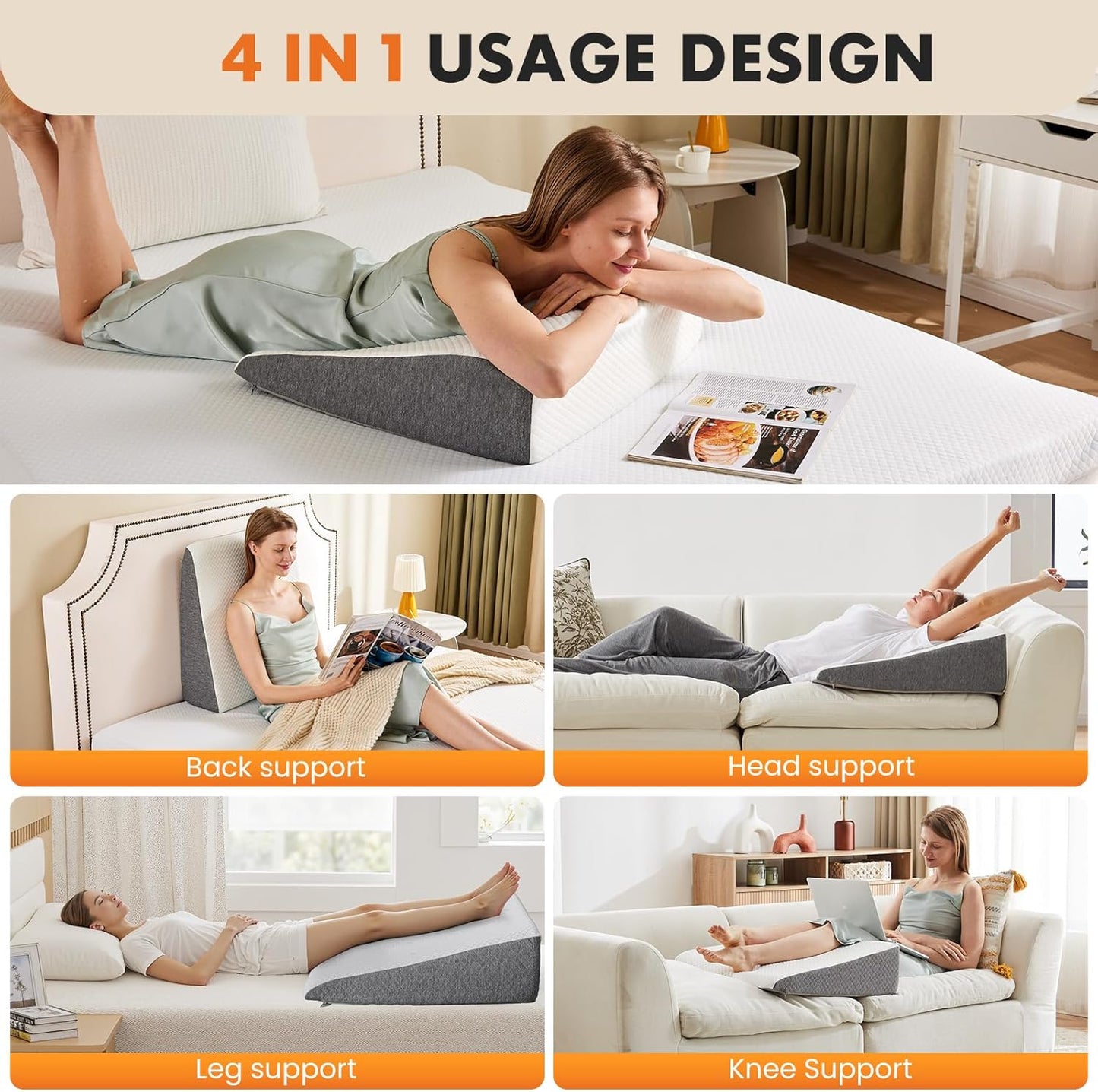 Sweetcrispy Wedge Pillow - Sleep Apnea Relief & Neck Pain Support | 7.5-Inch White & Grey Design