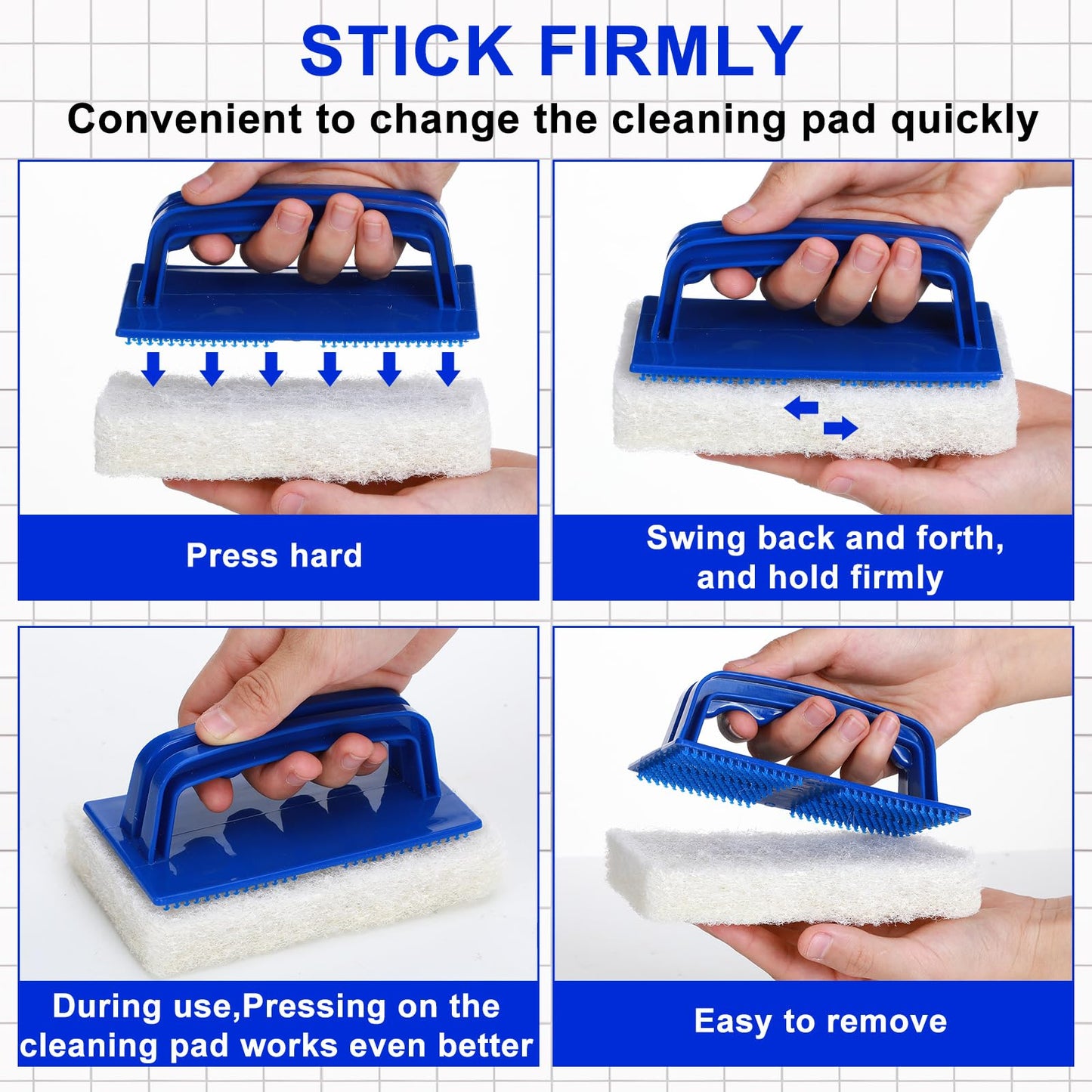 Maxdot 18 Pcs Handled Bath Scrubber Set, 15 Bathroom Scouring Pad 3 Bathtub Scrubber with Handle Non Scratch Soap Scum Remover for Cleaning Sink Shower Tile Swimming Pool Step Corner(Blue and White)