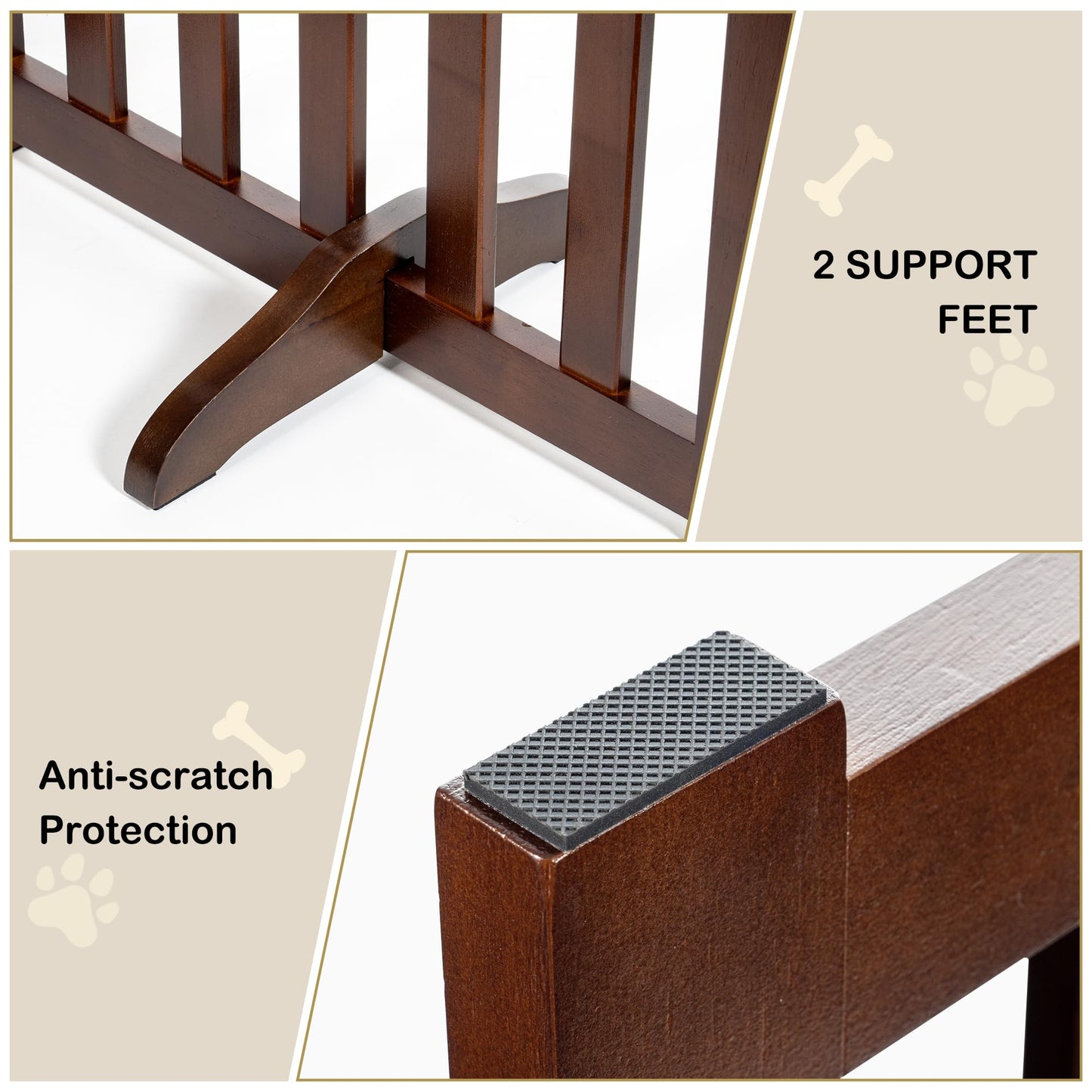 30" Height Tall Freestanding Pet Gate, Solid Wood Folding Safety Fence Wooden Dog Gate with 2 PCs Support Feet Ideal for Stairs, Doorways, Halls, Kitchens, Heavy Duty Gates, 4 Panels, Walnut