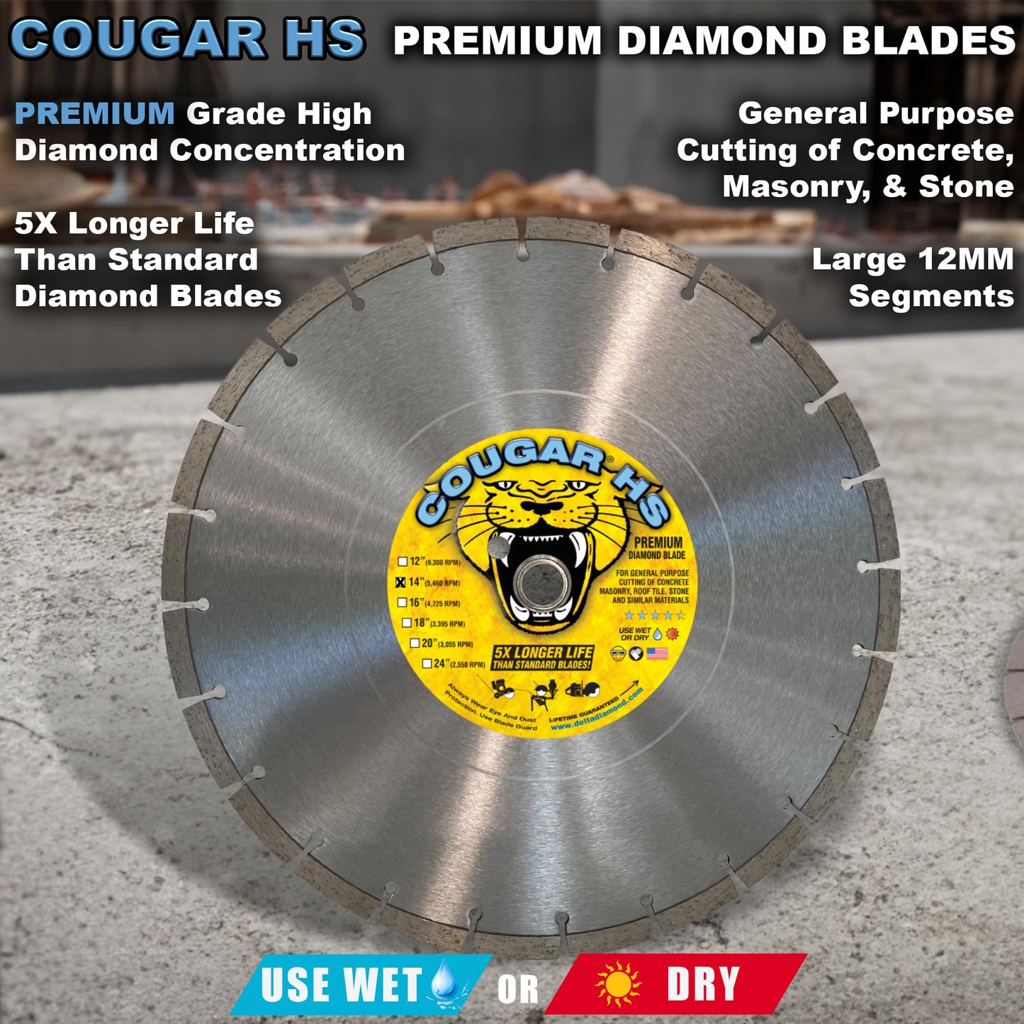 Cougar HS 14 Inch 3-Pack Diamond Concrete Saw Blade, Premium General Purpose Segmented Blade, Dry/Wet Cutting Concrete, Masonry, Brick, & Block 1"-20mm Arbor (3 Pcs)