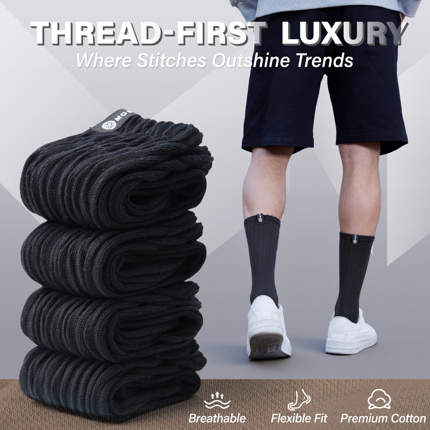 MOSEY KOSY Scrunch Cotton Socks, Slouch Calf Breathable Soft Socks for Women and Men, 4 Pairs (Black,M)