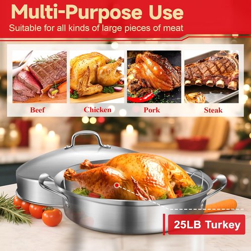 GRILL BUMP Roasting Pan - 21x13 Inch Stainless Steel Turkey & Chicken Roaster with Rack and Lid
