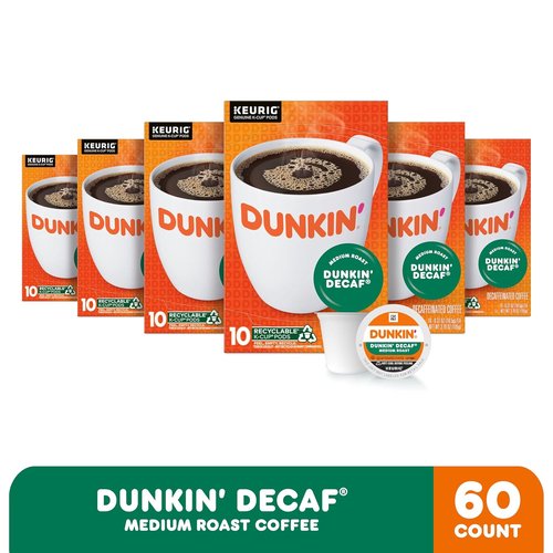 Dunkin' Decaf Medium Roast Coffee - 60 Keurig K-Cup Pods for Smooth, Rich Flavor