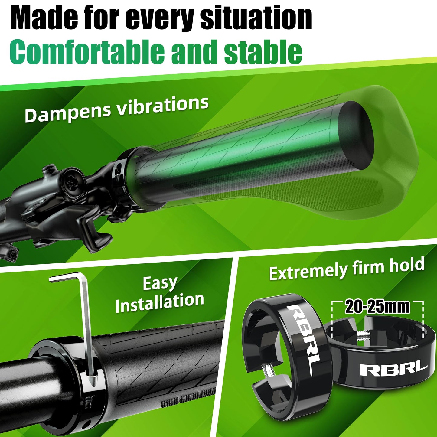 RBRL Bike Grips, Ergonomic, Non-Slip Rubber Handlebar Grips with Aluminium Alloy Lock-On Design, 3-Zone Comfort Bicycle Grips for MTB, E-Bike, BMX & Trekking Bikes