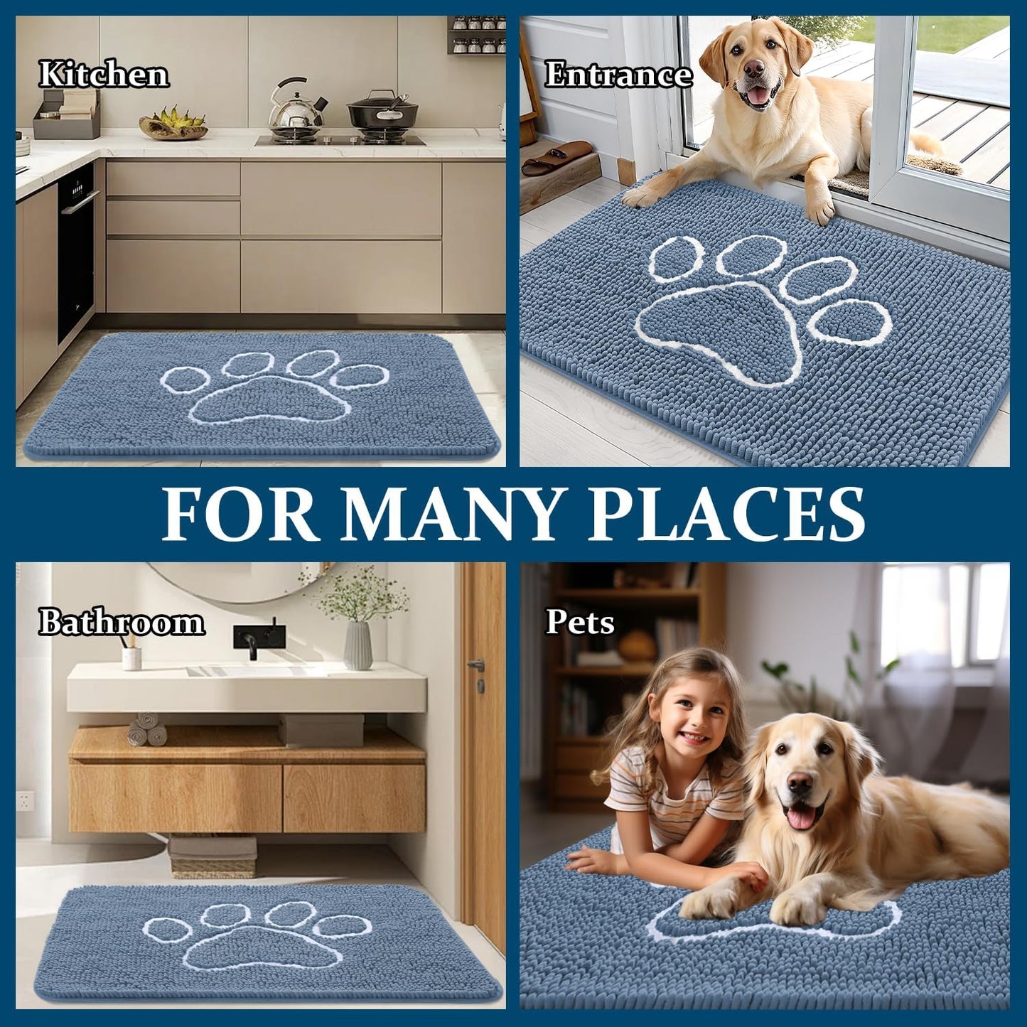 OLANLY Dog Door Mat - Absorbent Muddy Paws Doormat | Non-Slip Chenille, Quick Dry, 32x20, Airy Blue & White