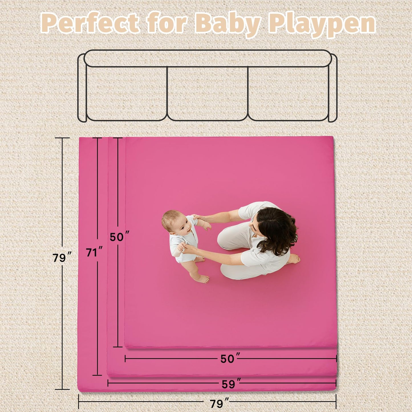 ILPEOD Waterproof Baby Play Mat for Floor Memory Foam 50 * 50 Cushion Playpen Playmat Tummy Time Crawling Mat Nursery Rug Thick Pad Create Soft & Safe Area for Infants,Toddler,Kids,Hot Pink